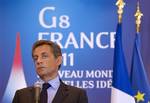 French President Nicolas Sarkozy during a press conference with his Russian counterpart Dmitry Medvedev following their bilateral meeting at the G8 summit in Deauville, France, Thursday May 26, 2011. G8 leaders, in a two-day meeting, will discuss the Internet, aid for North African states and ways in which to end the conflict in Libya.