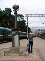 The marker for kilometre 9288, at the end of the Trans-Siberian Railway in Vladivostok.