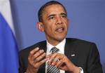 President Barack Obama makes a statement to reporters during his meeting with Russia's President Dmitry Medvedev on the sidelines of the G8 summit in Deauville, France, Thursday, May 26, 2011.