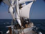 (June 26, 2005) ONBOARD THE USCGC EAGLE A view from the bowsprit onboard the Eagle during a cadet summer training patrol.The U.S. Coast Guard Cutter EAGLE, designated Americas Tallship is a three masted, square- rigged sailing vessel. She is normally homeported in New London, Connecticut, and sails each summer for months at a time, visiting ports around the U.S. and abroad. EAGLE has a long history in service as a training vessel. After she was built and commissioned in 1936, she served as train