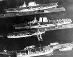 The U.S. aircraft carriers USS Lexington (CV-2) (top), USS Saratoga (CV-3) (middle), and USS Langley (CV-1) (bottom) moored at Bremerton, Washington (USA), in 1929.