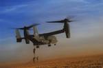 110301-F-NW323-545 U.S. Army soldiers with Alpha Company, 4th Battalion, 10th Special Forces Group fast-rope from a CV-22 Osprey tiltrotor aircraft during exercise Emerald Warrior 2011 at Cannon Air Force Base, N.M., on March 1, 2011. Emerald Warrior is an annual two-week joint/combined tactical exercise sponsored by U.S. Special Operations Command designed to leverage lessons learned from operations Iraqi and Enduring Freedom to provide trained and ready forces to combatant commanders. DoD phot