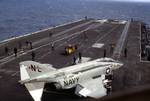 A McDonnell F-4J Phantom II of fighter squadron VF-194 Red Lightnings on the aircraft carrier USS Coral Sea (CV-43) in 1977.