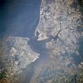 Newport News, Hampton, Isle of Wight County, Suffolk, Chesapeake, Portsmouth and Norfolk, Virginia from space, July 1996. Norfolk is located in the upper right quadrant, and east is at the top.