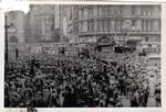 Crowds gathered in celebration at Piccadilly Circus (Piccadilly Square) during VE Day, 1945.