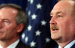 WASHINGTON, D.C. (July 1, 2003)--Vadm. Thad Allen, Coast Guard Chief of Staff, and Asa Hutchinson, Under Secretary for Border and Transportation Security, addresses the press today as the Department of Homeland Security announces the publication of security regulations requiring sectors of the maritime industry to implement measures designed to prottect America'sports and waterways from a terrorist attack. USCG photo by Telfair H. Brown, Sr. (91347) ( DHS PRESS CONFERENCE (FOR RELEASE) )