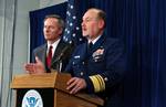 WASHINGTON, D.C. (July 1, 2003)--Vadm. Thad Allen, Coast Guard chief of Staff, and Asa Hutchinson, Under Secretary for Border and Transportation Security, addresses the press today as the Department of Homeland Security announces the publication of security regulations requiring sectors of the maritime industry to implement measures designed to protect America's ports and waterways from a terrorist attack. USCG photo by Telfair H. Brown (90720) ( DHS PRESS CONFERENCE (FOR RELEASE) )