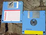 3½-inch, high-density diskettes affixed with adhesive labels.The earliest floppy disks, invented in the late 1960s, were 8 inches (200 mm) in diameter;[1] they became commercially available in 1971.