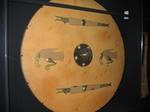 A Swedish shield from Vendel.In 1881-1883 a series of excavations by Hjalmar Stolpe revealed 14 graves in the village of Vendel in eastern Sweden.[99] Several of the burials were contained in boats up to 9 metres (30 ft) long and were furnished with swords, shields, helmets and other items.