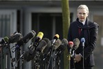 The founder of WikiLeaks Julian Assange speaks to the media after his extradition hearing at Belmarsh Magistrates' Court in London, Thursday, Feb. 24, 2011. Julian Assange  can be extradited to Sweden in a sex crimes inquiry, a British judge ruled Thursday, rejecting claims by the WikiLeaks founder that he would not face a fair trial there. Assange's lawyer said he would appeal. Judge Howard Riddle said the allegations of rape and sexual molestation by two women against Assange  meet the definition of extraditable offenses and said the Swedish warrant had been properly issued and was valid.