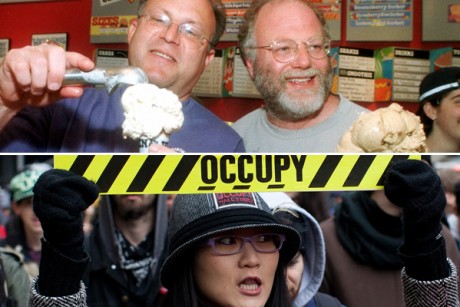 Ben & Jerry founders Jerry Greenfield and Ben Cohen (top) and an Occupy Wall Street protester.