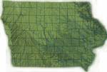 Topography of Iowa, with counties and major streams. Iowa is bordered by the Mississippi River on the east; the Missouri River and the Big Sioux River on the west; the northern boundary is a line along 43 degrees, 30 minutes north latitude.