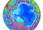 The differences of Earth's gravity around the Antarctic continent. At latitudes nearer the equator, the outward centrifugal force produced by Earth's rotation is stronger than at polar latitudes