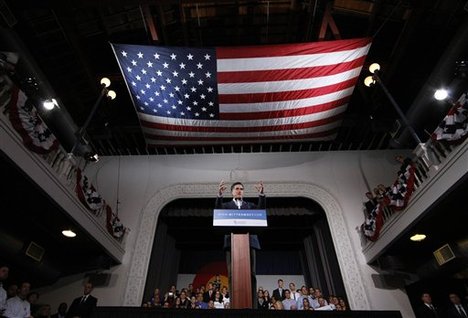 Republican presidential candidate, former Massachusetts Gov. Mitt Romney speaks at his Colorado caucus night rally in Denver, Tuesday, Feb. 7, 2012. (AP Photo/Gerald Herbert)