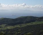 A view across the Strait of Gibraltar taken from the hills above Tarifa, Spain. Around 5.9 million years ago,[10] the connection between the Mediterranean Sea and the Atlantic Ocean along the Betic and Rifan Corridor was progressively restricted until its total closure, effectively causing the salinity of the Mediterranean to periodically fall within the gypsum and salt deposition range, during what is known as the Messinian Salinity Crisis.