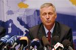 Czech Republic's Prime Minister Mirek Topolanek answers questions during a media conference after an EU summit in Brussels, Friday June 20, 2008. European Union leaders have acknowledged that their much-maligned reform treaty, in the works for the better part of this decade, was off the rails again, after Irish voters rejected it last week. They also threatened tougher sanctions against Zimbabwe amid violence ahead of elections there, and against Sudan over its refusal to hand over officials wan