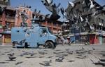 Pigeons fly infront of closed shops During Strike in Srinagar the summer capital of indian kashmir on 07, April 2012.