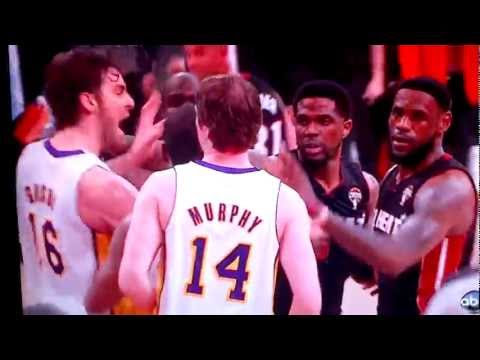 LeBron James shoves Troy Murphy and Pau Gasol gets mad 04/03/2012