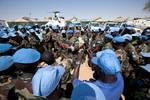 22 February 2012. Umm Baruo: UNAMID Force Commander, Lieutenant General Patrick Nyamvumba (from Rwanda), visits Umm Baru team site (North Darfur) and addresses the Senegalese troops who were blockaded by the Justice and Equality Movement (JEM) in Shegeg Tova for two days. 55 UNAMID peacekeepers were blocked on 19 February while conducting a long-range patrol some 60 kilometers from its team site in Umm Baru, in the village of Shegeg Tova by more than 100 armed men belonging to the JEM. The patro