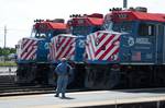 Metra locomotives at the Waukegan Station.Metra employees, the Metra Police Department, and other public safety agencies are responsible for maintaining safety and security on its lines, aboard its trains and at stations all to various degrees.