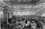 The Senate has the power to try impeachments; shown above is Theodore R. Davis' drawing of the impeachment trial of President Andrew Johnson, 1867.