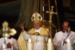 Pope Benedict XVI celebrates a mass in the Church of the Annunciation, believed to stand at the site of Mary's house where the angel Gabriel appeared and announced that she would give birth to Jesus Christ, in Nazareth, northern Israel, Thursday, May 14, 2009. The Pope is on the fourth day of a Holy Land pilgrimage meant to promote peace and unity in the Middle East.