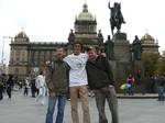 White Free travel shirt with Czech Wikipedians in front of the Wenceslas Monument and National Museum, Prague, Czech Republic.