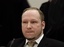 Norwegian Anders Behring Breivik appears in court to face terrorism and premeditated murder charges, Oslo, Norway, Monday, April 16, 2012.