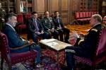 Army Gen. Martin E. Dempsey, chairman of the Joint Chiefs of Staff, has a meeting with Colombian President Juan Manuel Calderon and the Minister of Defense Juan Carlos Pinzon at the Presidential Palace in Bogota, Colombia, on March 27, 2012. Dempsey met with the two Colombian officials to discuss how to find better ways to to rebuild the country and to maintain partnership with an important ally. DOD photo by U.S. Army Staff Sgt. Sun L. Vega, Joint Staff