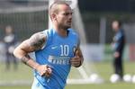 Inter Milan Dutch midfielder Wesley Sneijder runs during a training session at the Pinetina headquarter, in Appiano Gentile, Italy, Tuesday, March 27, 2012. Inter Milan fired former coach Claudio Ranieri on Monday after a run of just one win in its last 10 league matches, culminating in a 2-0 loss to archrival Juventus a day earlier. Andrea Stramaccioni was promoted from youth club coach and will now direct the first team, Inter said on its website. He becomes Inter's fifth different manager sin