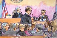 Eric Schmidt in a court sketch being questioned by Oracle lawyer David Boieshts.