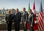 From left, Mexican Secretary of National Defense Gen. Guillermo Galvan Galvan, Mexican Secretary of the Navy Vice-Admiral Mariano Francisco Saynez Mendoza, Canadian Minister of National Defense Peter MacKay and U.S. Secretary of Defense Leon E. Panetta pose for a family portrait on the roof of Lester B. Pearson Building prior to trilateral in Ottawa, Canada, Tuesday, March 27, 2012. Pictured in background is the city of Ottawa and Canadian Parlaiment (left). (DoD Photo by Glenn Fawcett)(Released