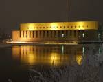 Merikoski hydroelectric power plant in Oulujoki river in Oulu, Finland, was designed by architect Bertel Strömmer and built in 1948. The current plant capacity, after modifications in 1997, is 39 MWe.