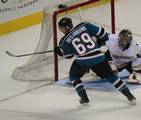 Andrew Desjardins playing for San Jose Sharks of the National Hockey League.