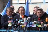 UN secretary general Ban Ki-moon waves during a visit to the construction site of a housing project in Khan Yunis in the southern Gaza Strip on February 2, 2012. Protesters threw shoes, sand and small stones at the convoy of UN chief Ban Ki-moon as he entered the Gaza Strip for a visit.Phoot by Ahmed Deeb/WN