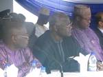 President Ernest Bai Koroma, Vice-President Alhaji Sam Sumana and minister of Information and communications Ibrahim Ben-Kargbo listen to the speech by the World Bank representative during the launching of the fiber optic project in Sierra Leone.