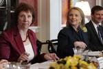 EU foreign policy chief Catherine Ashton (L) sits next to US Secretary of State Hillary Clinton