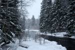 The river Sanginjoki near Pehkolanlampi guest house in Oulu during winter snow.