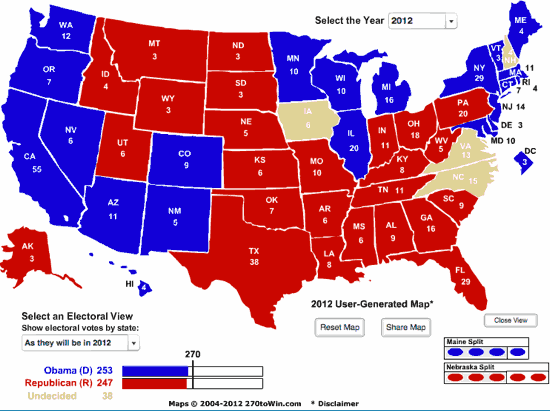 Base EV map with Obama winning NV, AZ, NM, CO, Romney winning OH, PA, and FL: Obama 253, Romney 247