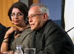 The Union Finance Minister, Shri Pranab Mukherjee during a Q & A session at the Peterson Institute for International Economics, in Washington DC on April 20, 2012. The Ambassador of India to the United States, Mrs. Nirupama Rao is also seen.