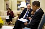 Washington, DC, May 11, 2010 -- President Barack Obama meets with Federal Emergency Management Agency Administrator Craig Fugate and Cecilia Munoz, Director of Intergovernmental Affairs, in the Oval Office, May 11, 2010, to discuss tornado damage in Oklahoma. (Official White House Photo by Pete Souza) This official White House photograph is being made available only for publication by news organizations and/or for personal use printing by the subject(s) of the photograph. The photograph may not