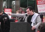 Seth MacFarlane speaks at a Writers Guild of America rally in Culver City on November 9, 2007.