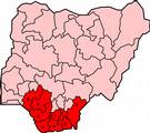 Map of Nigeria numerically showing states typically considered part of the Niger Delta region: 1. Abia, 2. Akwa Ibom, 3. Bayelsa, 4. Cross River, 5. Delta, 6. Edo, 7.Imo, 8. Ondo, 9. Rivers Click to view