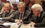 EU vice president Antonio Tajani smiles as Thomas Donohue, president and CEO of the U.S. Chamber of Commerce, speaks at a roundtable with US companies hosted by the US Chamber of Commerce and the Transatlantic Business Dialogue in Washington DC