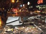 Debris from tornado in front of CNN Center. At around 9:30 p.m. on March 14, 2008, a EF-2 [2] tornado passed through downtown Atlanta, damaging the CNN Center and leaving water and dust in the upper floors.