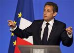 France's President Nicolas Sarkozy delivers his speech following a meeting with web operators, e-trade representatives, web publishers and internet companies heads to set up officially the French Digital National Council (CNN), at the Elysee Palace, in Paris, Wednesday April 27, 2011.