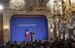 France's President Nicolas Sarkozy delivers his speech following a meeting with web operators, e-trade representatives, web publishers and internet companies heads to set up officially the French Digital National Council (CNN), at the Elysee Palace, in Paris, Wednesday April 27, 2011.