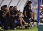 Argentinian coach of Al Wasl, Diego Maradona, right, reacts after his players lost a chance during a match with Al Wahda in Dubai, United Arab Emirates, Sunday, May 6, 2012.