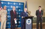 Washington, DC, September 3, 2005 - Department of Homeland Security Press Conference at FEMA headquarters. Left to right, Surgeon General Vice Admiral Richard H. Carmona, M.D., Secretary of Homeland Security, Michael Chertoff, the Assistant Commandant for Governmental & Public Affairs, Joel R. Whitehead (podium) and from FEMA, Acting Deputy Director Patrick Rhode.