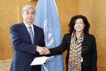 Presentation of credentials: H.E. Ms.Karen Elisabeth Pierce(right), Ambassador, Permanent Representative-designate of the United Kingdom of Great Britain and Northen Ireland to the United Nations Office in Geneva presents her credentials to Mr. Kassym-Jomart Tokayev(left), the Director-General of the United Nations Office at Geneva. May 8, 2012. Photo by Pierre Albouy